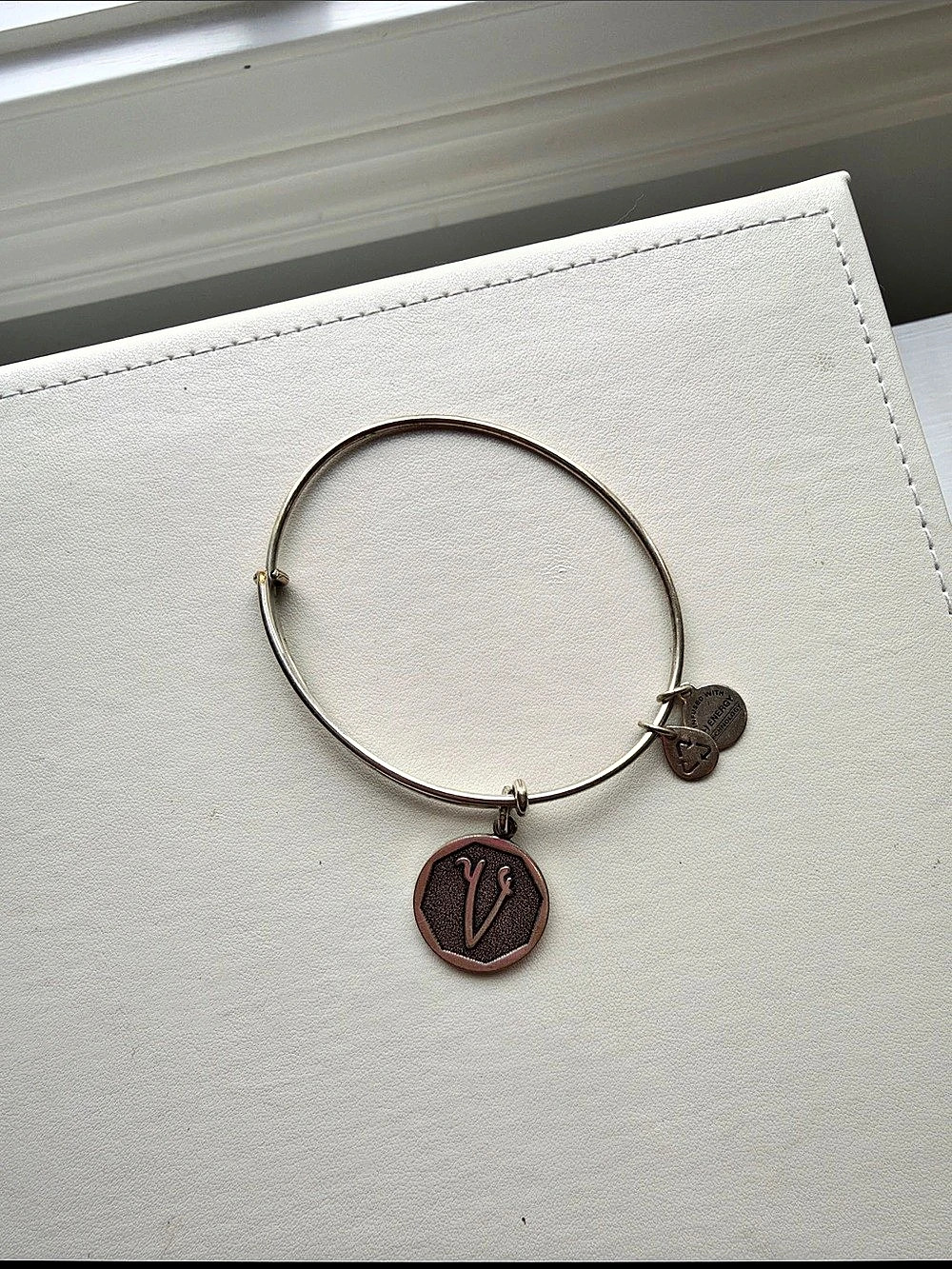 Alex and Ani Initial V Charm Bangle in Brown & Gold